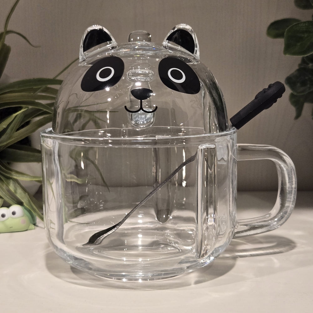🐼NEW! Cute Panda Mug: 3 Piece Glass Mug Set with Lid and Spoon